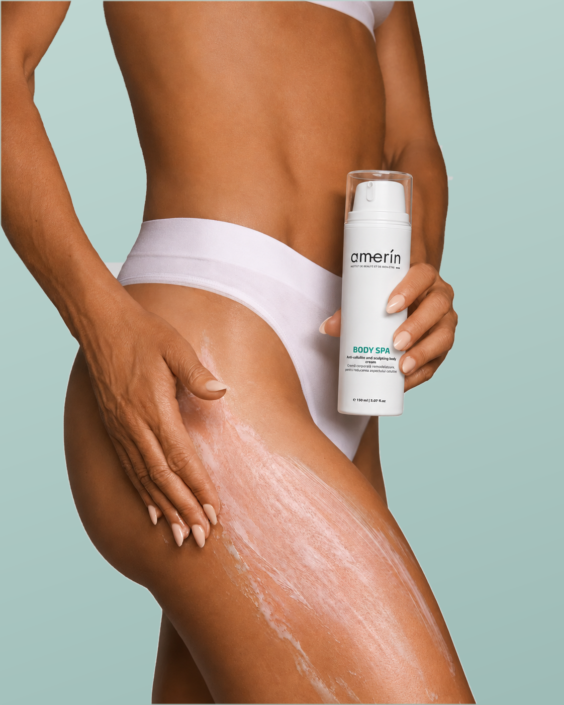 A model wearing white underwear applies and sprays Amerin Body Spray on her thigh against a solid light teal background.