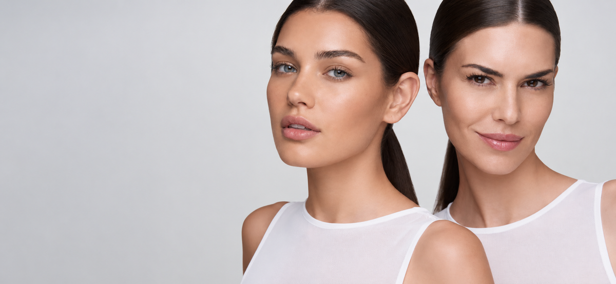 Two women with dark hair pulled back, wearing white sleeveless tops, shown against a light gray studio background.