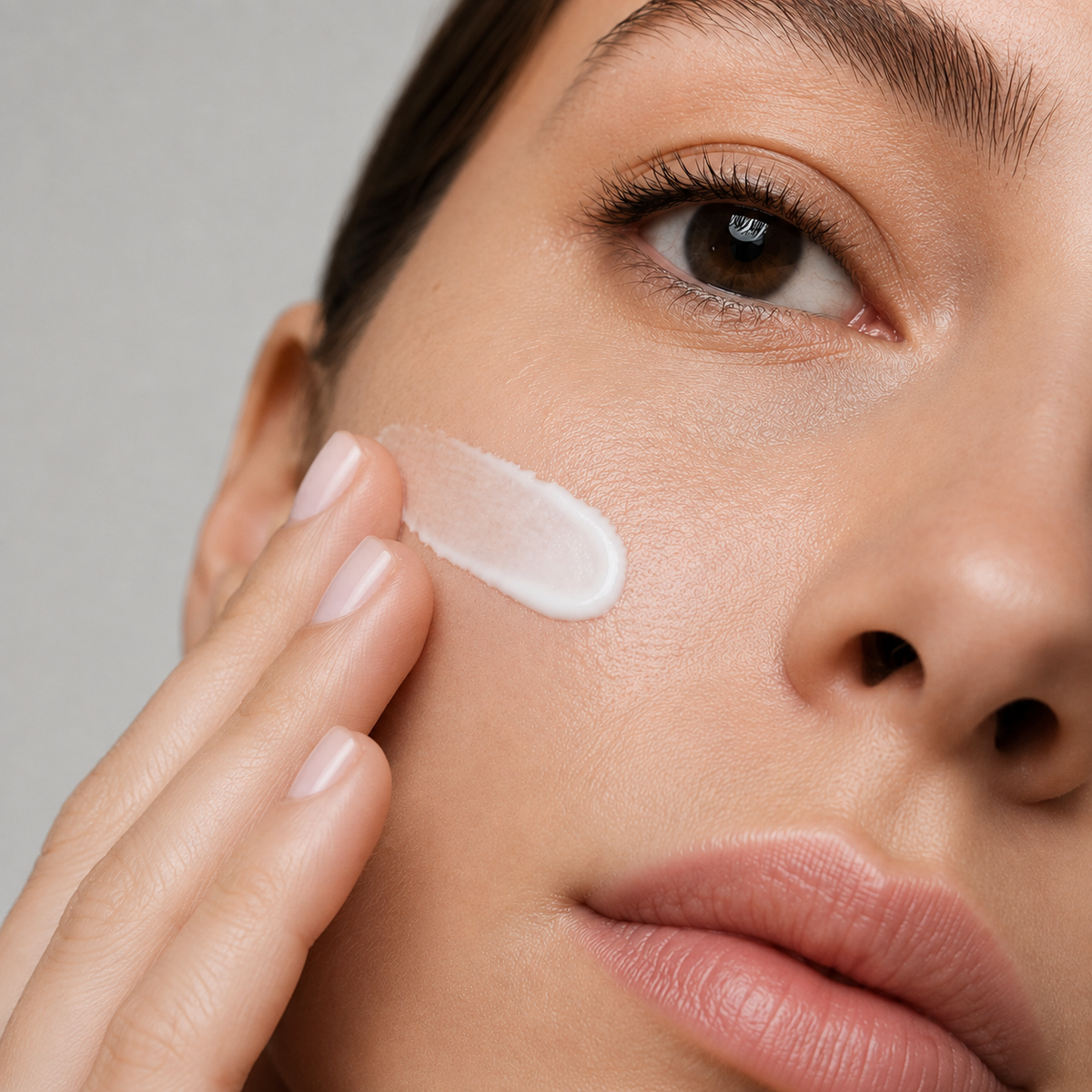 Close-up of a woman's face with a swipe of white cream on her cheek, touching her skin with her finger against a neutral gray background.