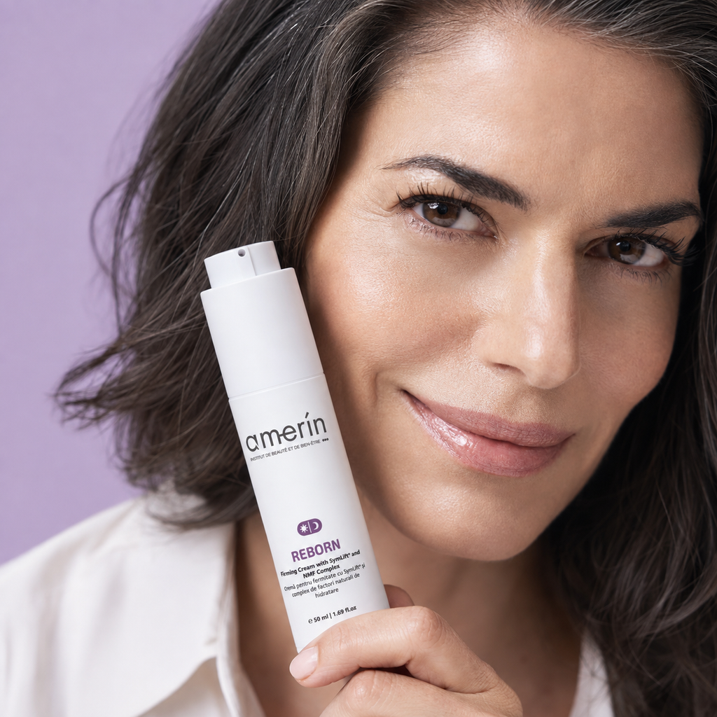 A woman holding a white Amerín Reborn hair restoration gel bottle against a solid lavender background.