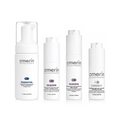 Four white Amerín skincare bottles including Essential Foaming Cleanser, Reborn Hydrating Toner, Reborn Hydrating Serum, and Correct Healing Night Eye Cream, arranged on a white background.