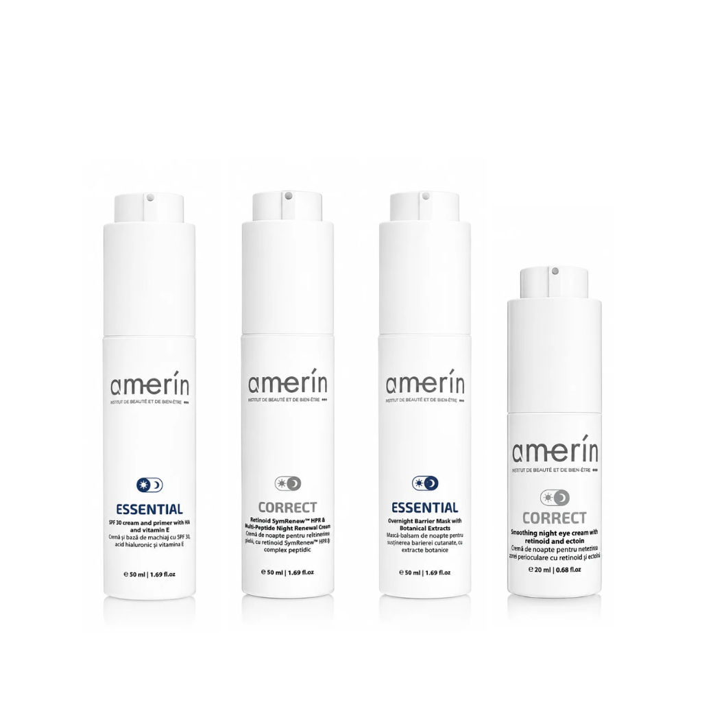 Four white Amerín skincare bottles including Correct and Essential line.
