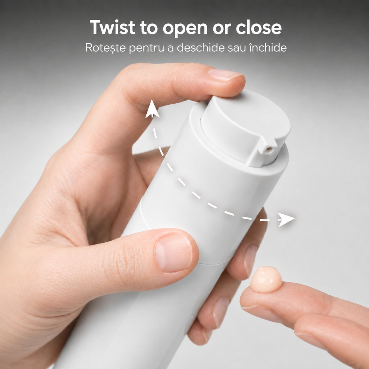 Close-up of a hand holding a white cylindrical pump bottle, with another hand holding a small dollop of cream. White text at the top reads 'Twist to open or close' instructions, and arrows indicate rotation.